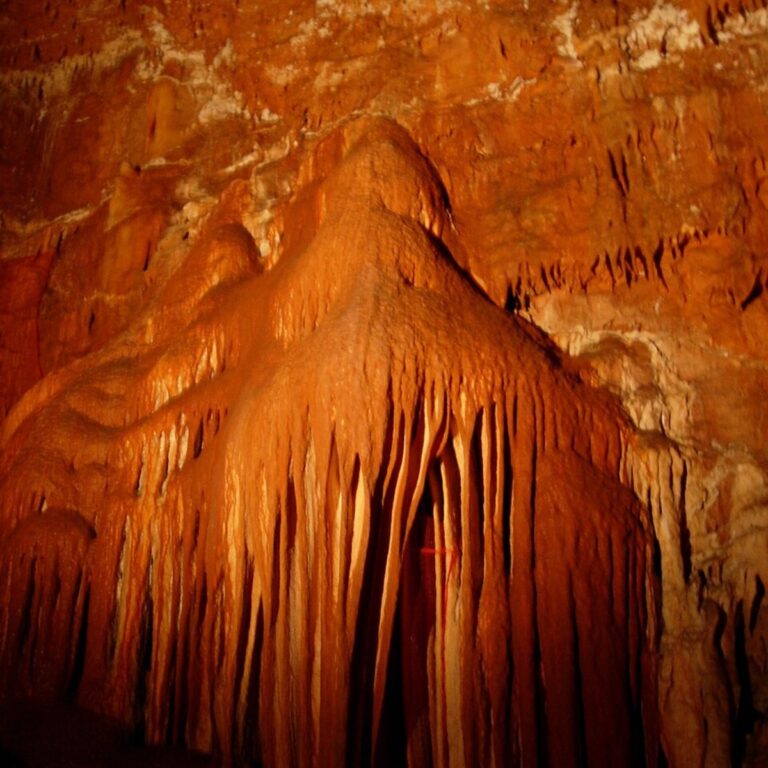 Interior view of Baredine Cave in Istria, Croatia, showcasing its underground karst formations and passageways.