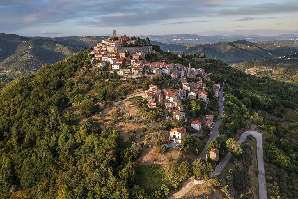 Aerial view of Motovun, a medieval hilltop town in Istria, Croatia.