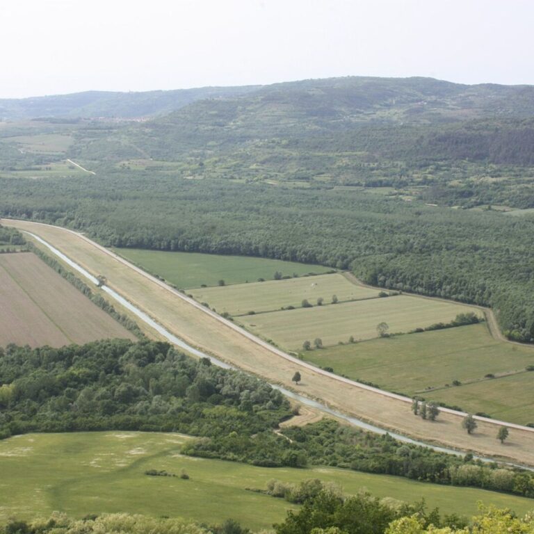 Scenic view from Motovun overlooking the valley of the Mirna river in Istria, Croatia.