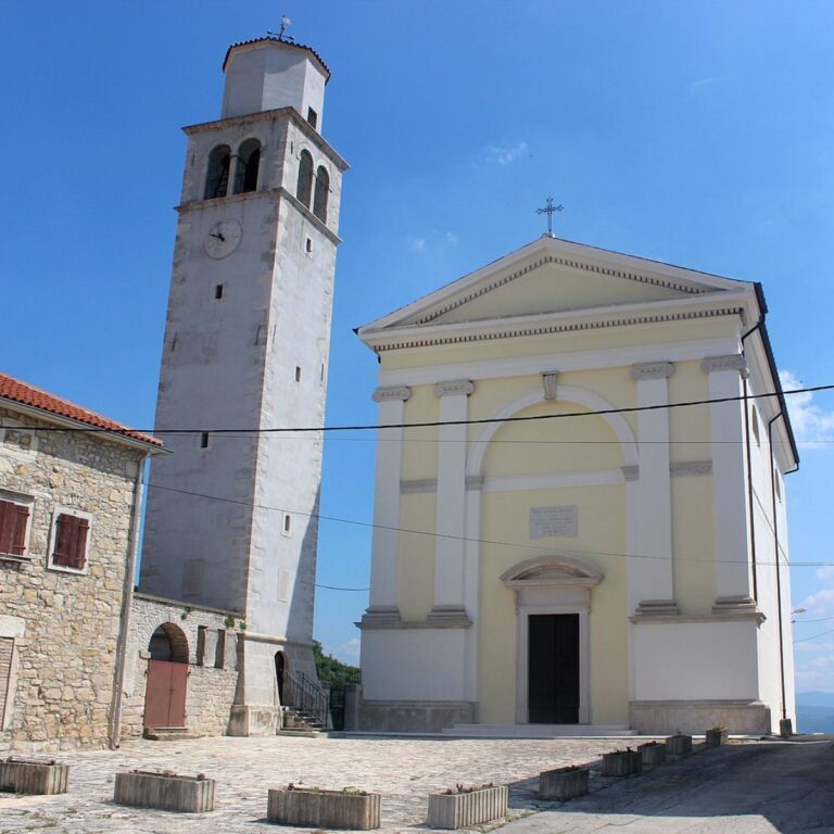 The Parish Church of Saint Jerome with bell tower in Vižinada, a historic village in Istria, Croatia.